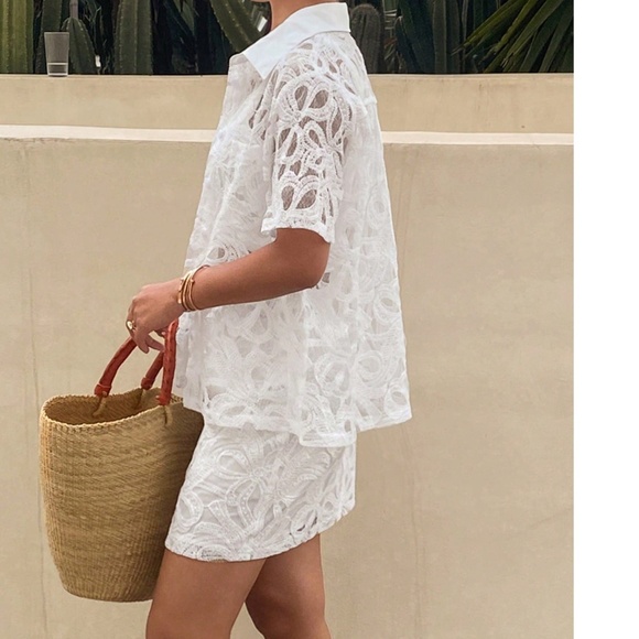 Boho White Floral lace Button down Shirt Mini Skirt Set - Picture 3 of 5